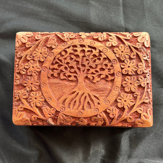 Large Carved Wood Box with Velvet Lining
